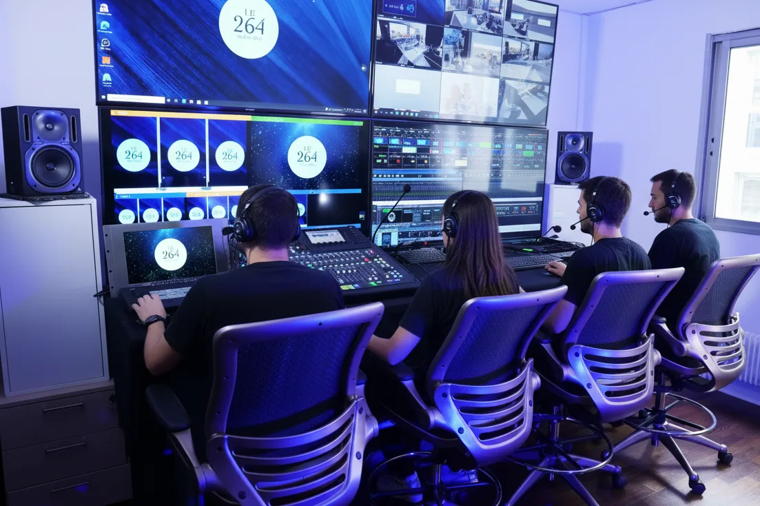 Équipe technique au travail dans la régie du studio Le 264